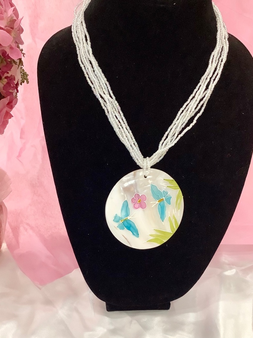 Vintage Mother of Pearl Hand Painted Shell with Multi Strand Seed Necklace